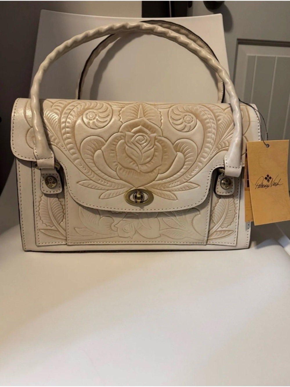 Patricia Nash White Waxed Tooled Leather Top-Handle Bag/NWT/MRSP $299 - Picture 2 of 5